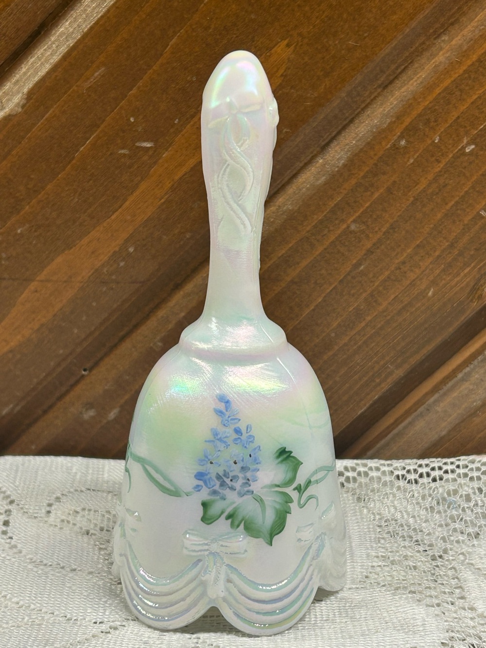 Vintage Fenton Miniature Hand-Painted “Drape & Bow" White Iridescent Glass Bell